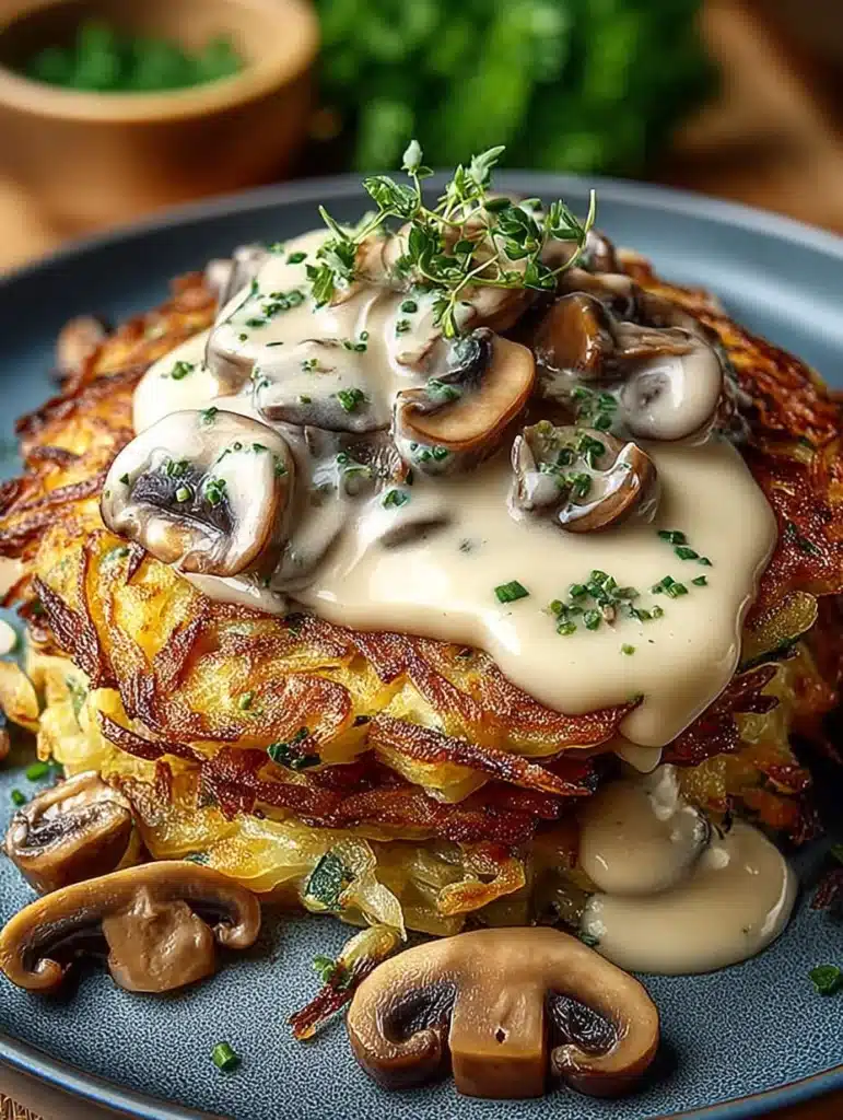Mozzarella-Rösti mit Zwiebel-Pilzrahmsauce: Knusprig & Cremig Genießen