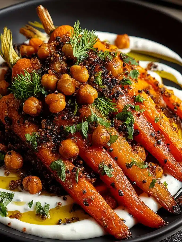 Würzige Ahorn-Röstkarotten mit Knusprigen Kichererbsen & Joghurtsauce | Einfaches & Schnelles Rezept
