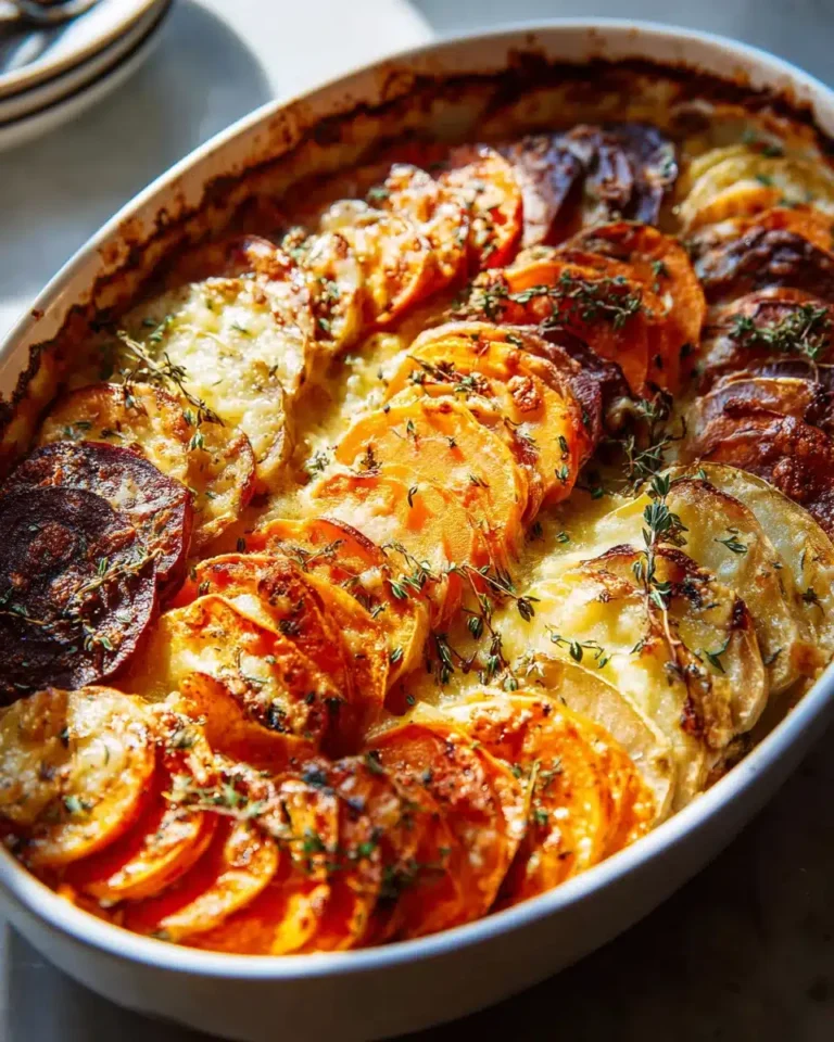 Cheesy Root Vegetable Gratin Rezept: Süßkartoffel, Pastinake & Rüben mit cremigem Käse