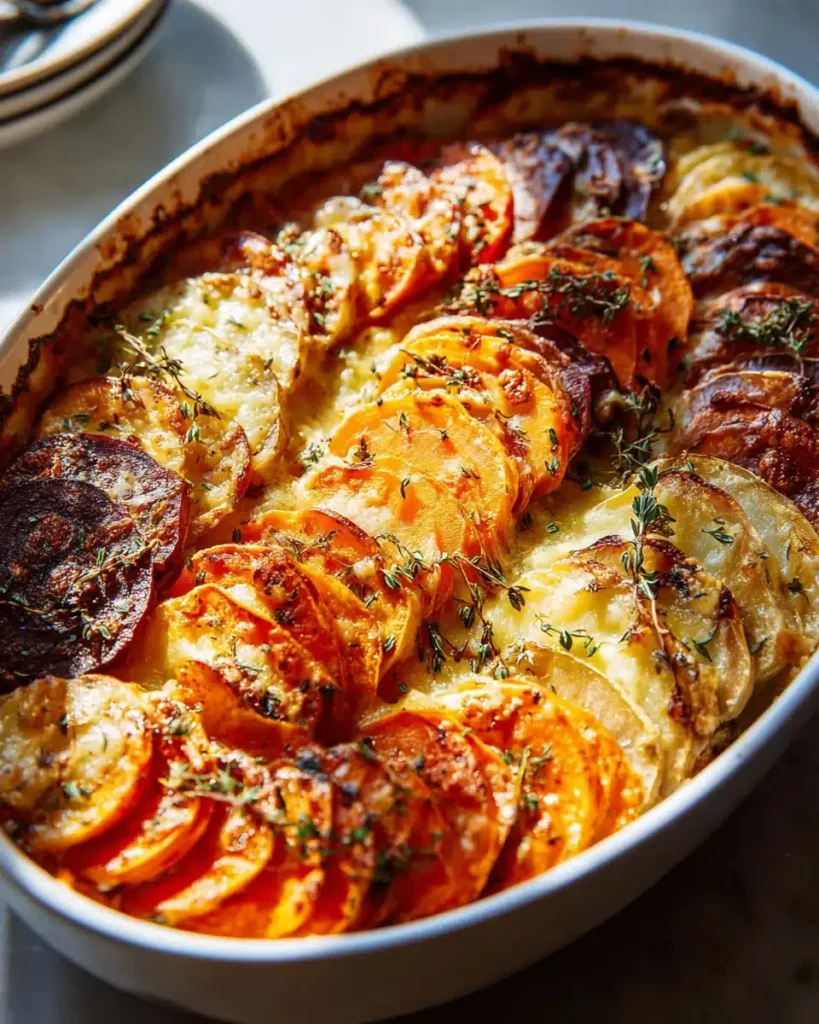 Cheesy Root Vegetable Gratin Rezept: Süßkartoffel, Pastinake & Rüben mit cremigem Käse