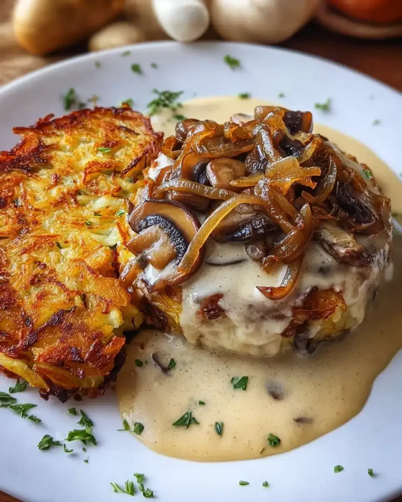 Cremige Mozzarella Rösti mit Zwiebel-Pilzrahmsosse: Dein Wohlfühlessen Rezept