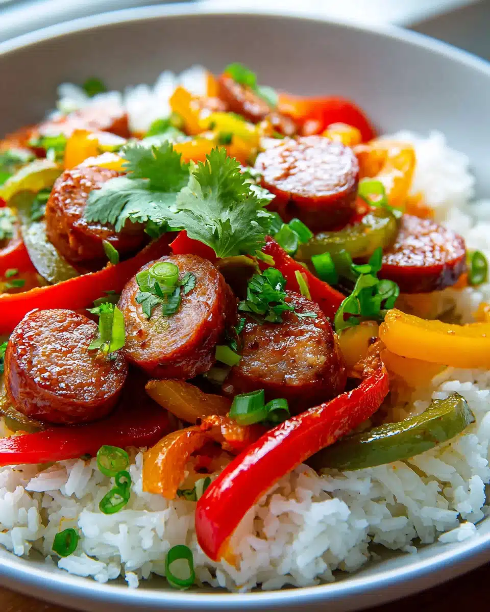 Scharfe Rinderwurst-Reis-Bowl für ein einfaches Abendessen 4 Scharfe Rinderwurst-Reis-Bowl für ein einfaches Abendessen