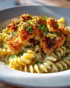 Knoblauch-Parmesan Hähnchen-Bites mit cremiger Rotini