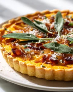 Kürbis-Ricotta-Tarte mit karamellisierten Zwiebeln, Rinderbacon und Salbei