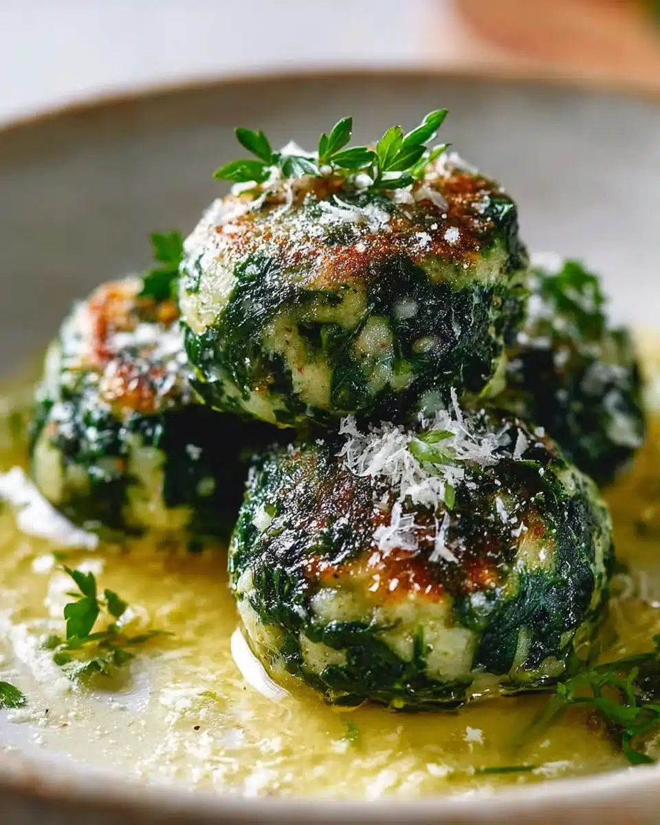 Sudtiroler Spinatknödel mit Butter und Parmesan serviert 4 Sudtiroler Spinatknödel mit Butter und Parmesan serviert