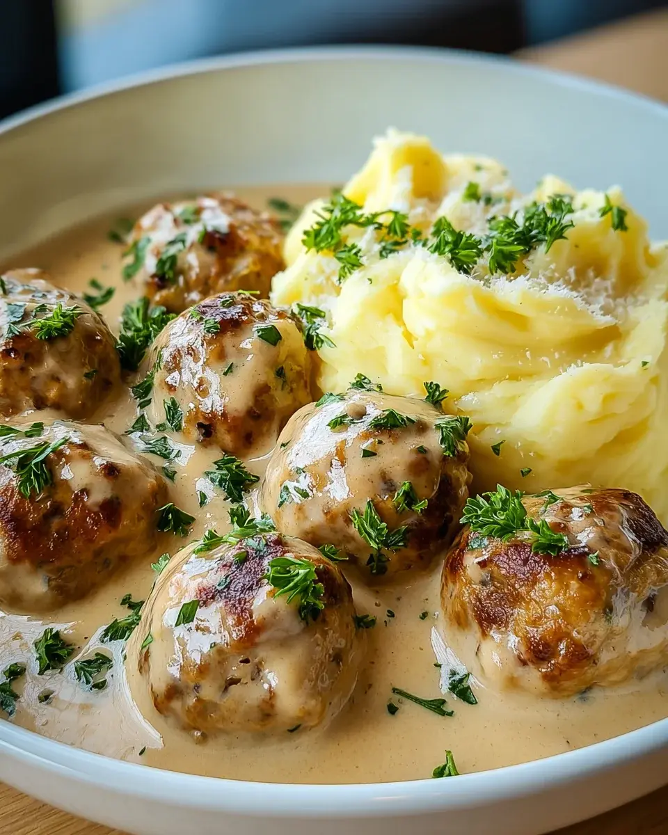 Hackballchen in cremiger Sauce mit Kartoffelpuree
