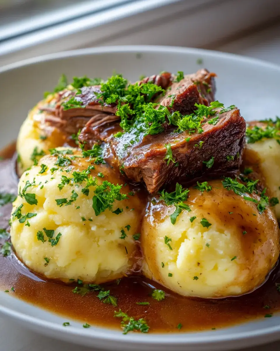 Klassische Kartoffelknödel mit zartem Rinderbraten & Soße 4 Kartoffelknödel mit Rinderbraten