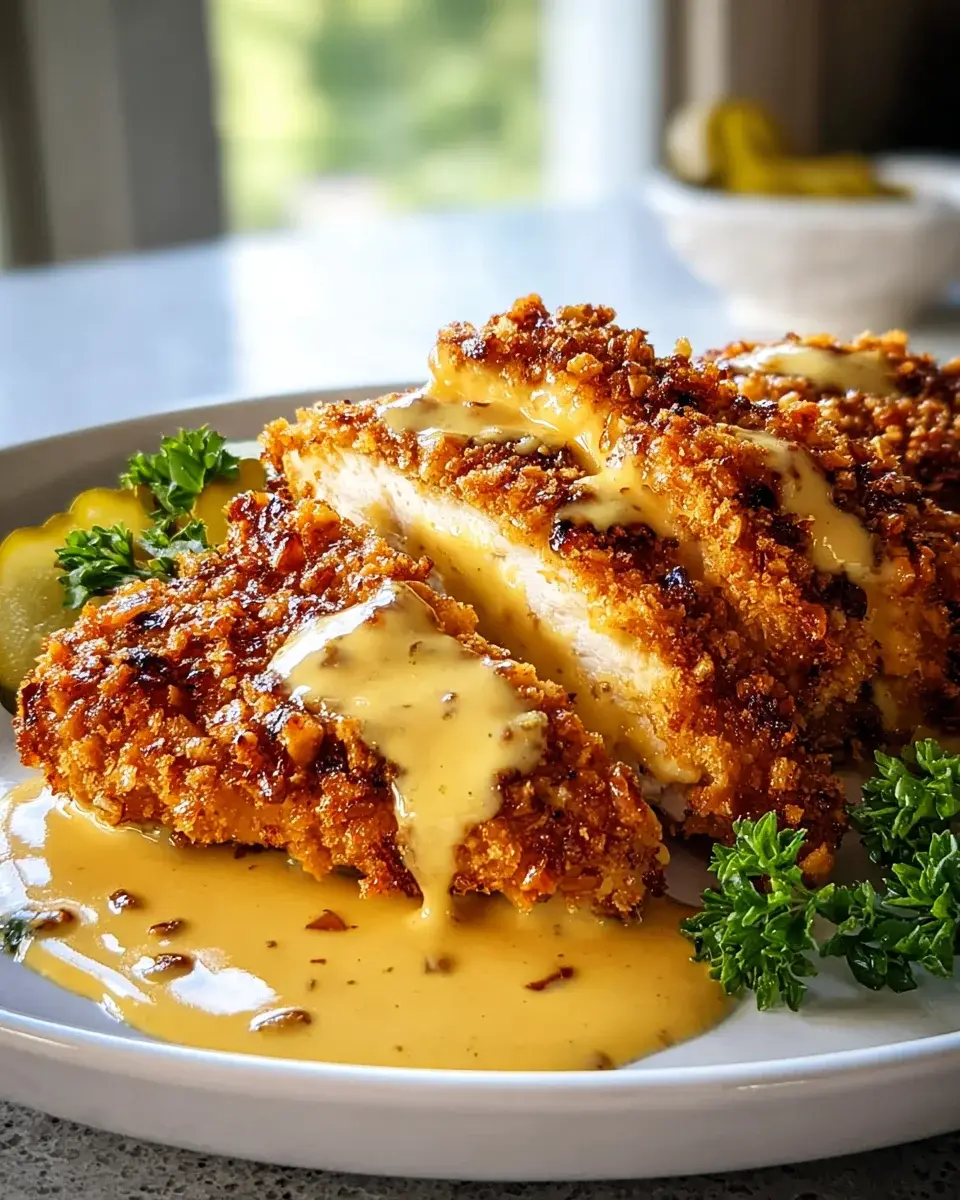 Pretzel Chicken mit Senf-Cheddar-Sauce Rezept lecker genießen! 4 Pretzel Chicken Mustard Cheddar Sauce