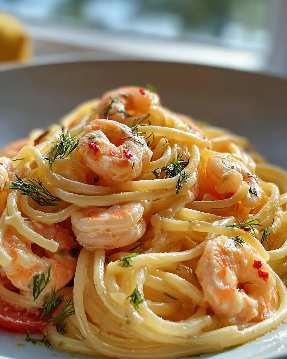 Spaghetti mit Garnelen in Frischkysesauce