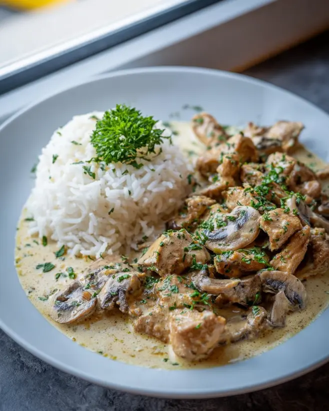 Gyrosgeschnetzeltes Schmandsoße Reis Rezept