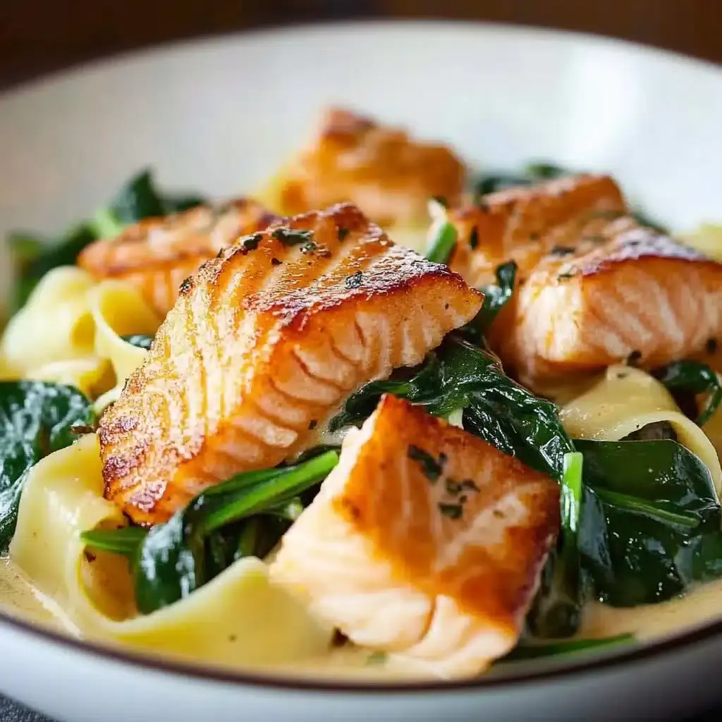 Bandnudeln mit Lachs und Spinat