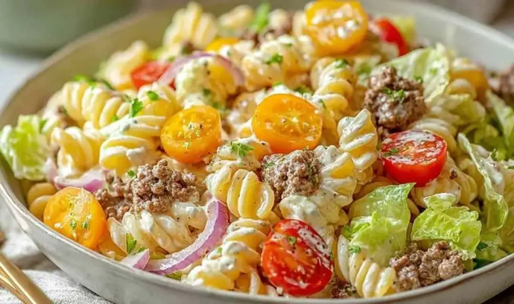 Big Mac Pasta Salat – Cremiger Nudelsalat mit Hackfleisch
