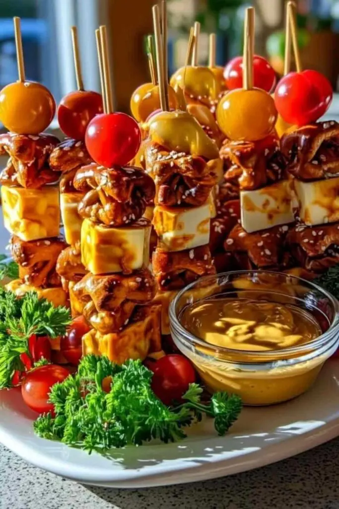 Brezel Käse Spieße süßer Senf