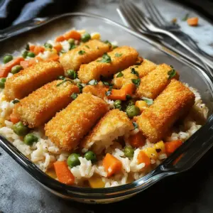 Fischstäbchen-Auflauf mit Reis und Gemüse