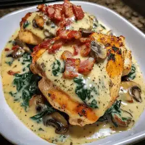 Geschmortes Hähnchen mit cremigem Spinat, Speck und Champignons