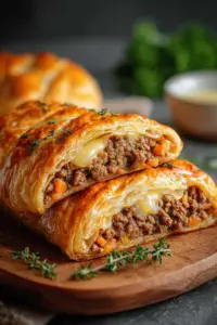 Hackfleisch-Käse-Blätterteig-Rolle
