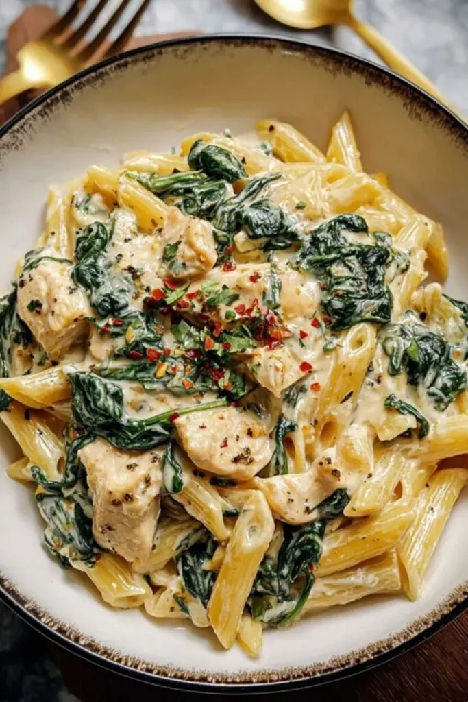 Hähnchen Pasta mit Spinat