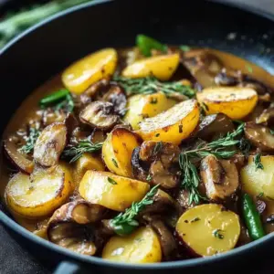 Kartoffel-Pilz-Pfanne mit grünen Bohnen