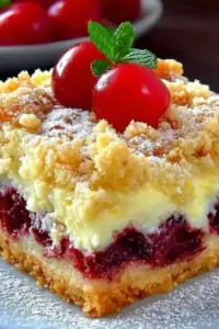 Kirschkuchen mit Streuseln und Vanillepudding