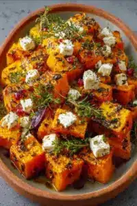 Kürbiswürfel aus dem Ofen mit Feta