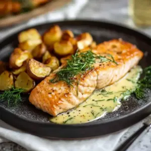 Lachs in Dillsoße mit Rösterreichkartoffeln