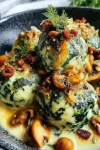Spinatknödel mit Pilzragout