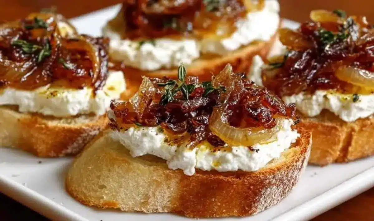 ZiegenkaseCrostinikaramellisierteZwiebeln
