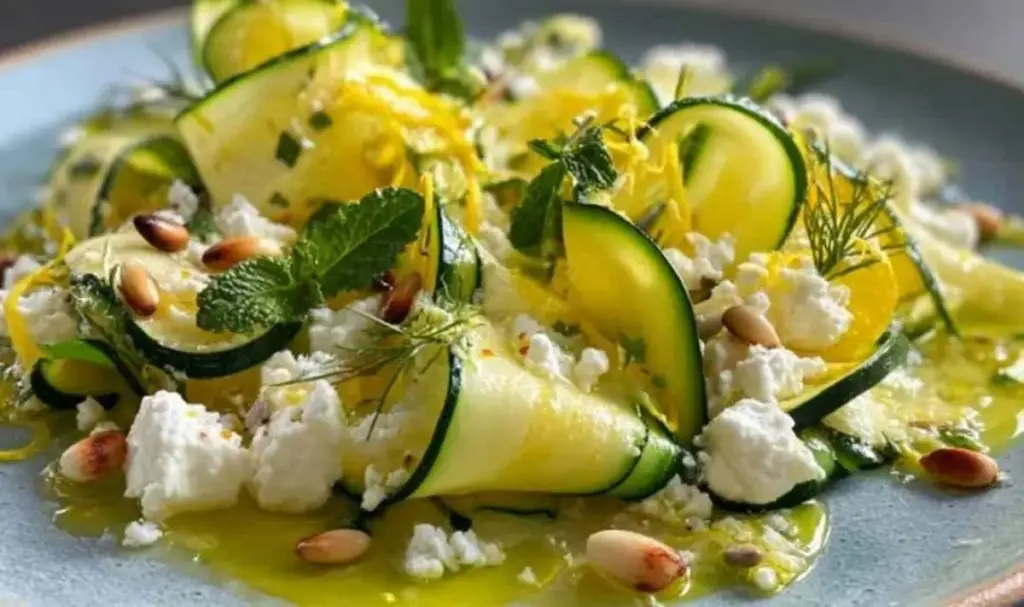 Zucchini-Carpaccio mit Zitrone, Feta & Pinienkernen