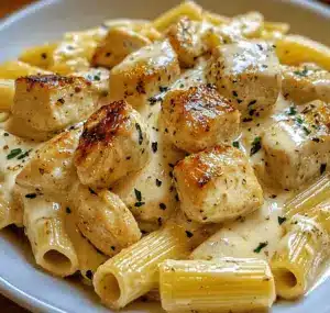 Cremiges Knoblauchbutter-Huhn und Rigatoni in Parmesan-Soße