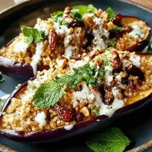 Auberginen mit Dattel-Mandel-Couscous und Minze