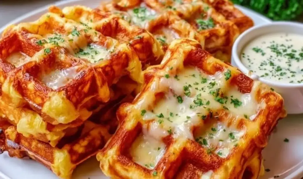 Herzhafte Zwiebel-Käse-Waffeln mit Knoblauchrahm – Proteinreich & Lecker