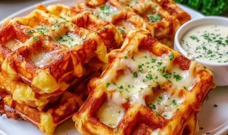Herzhafte Zwiebel-Käse-Waffeln mit Knoblauchrahm – Proteinreich & Lecker