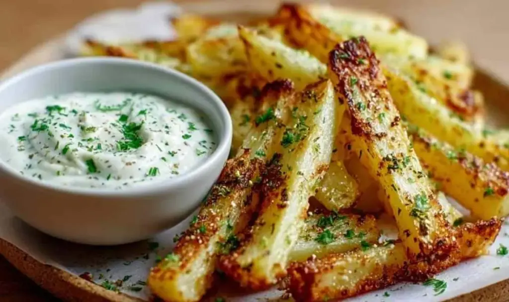 Kohlrabi-Pommes aus dem Ofen mit Joghurt-Dip