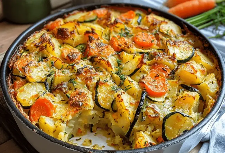 Vegetarischer Kartoffelauflauf mit Zucchini, Karotten und Zwiebeln
