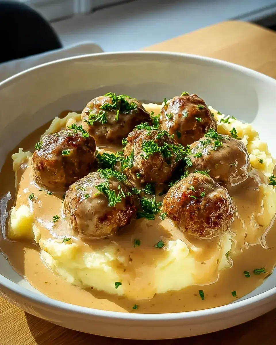 Hackbällchen cremiger Sauce Kartoffelpüree
