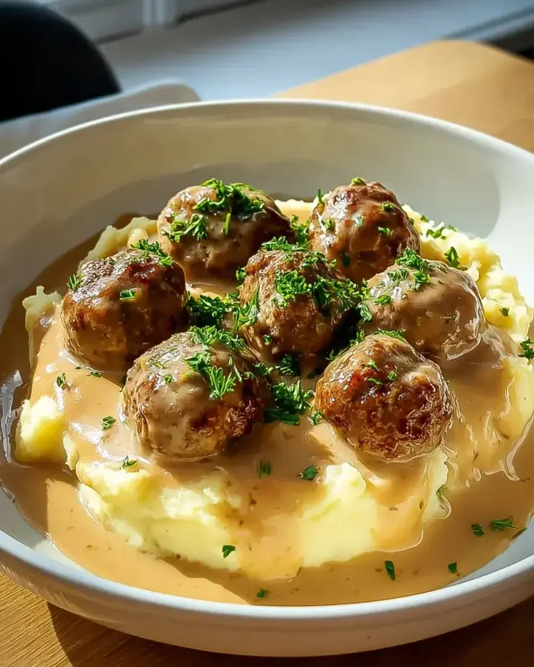 Hackbällchen in cremiger Sauce mit Kartoffelpüree genießen!