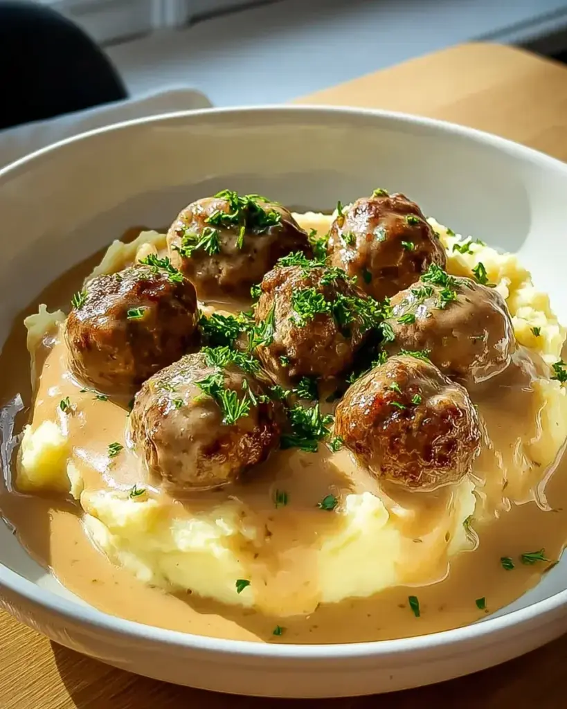 Hackbällchen in cremiger Sauce mit Kartoffelpüree genießen!